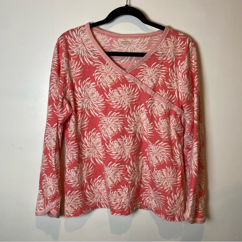 Garnet Hill Pink and White Floral Long Sleeve 2 Piece Pajama Set Cotton V Neck